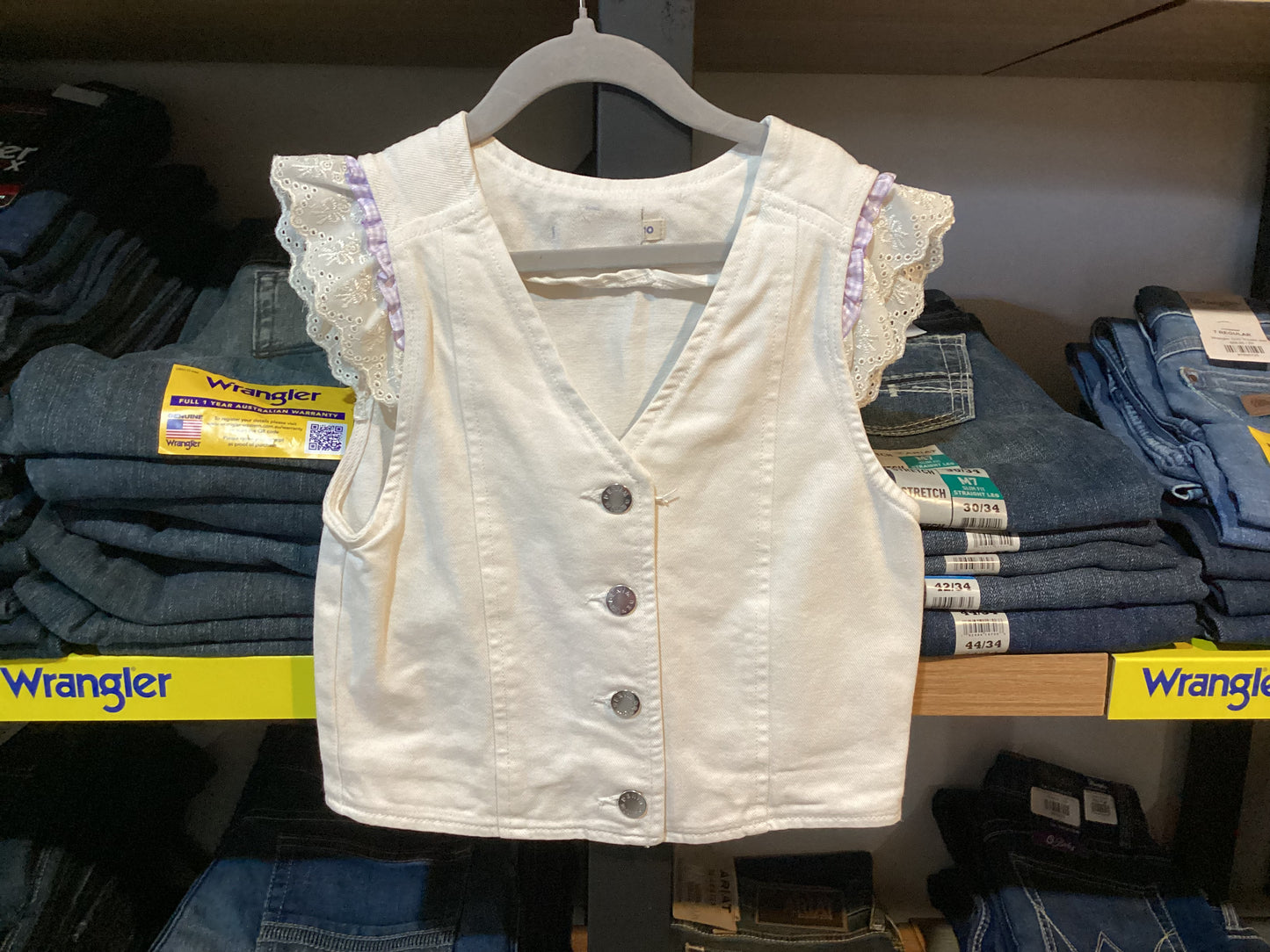Red Lily Denim - White Denim Vest - Lace sleeves and gingham