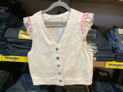 Red Lily Denim - White Denim Vest - Lace sleeves and gingham
