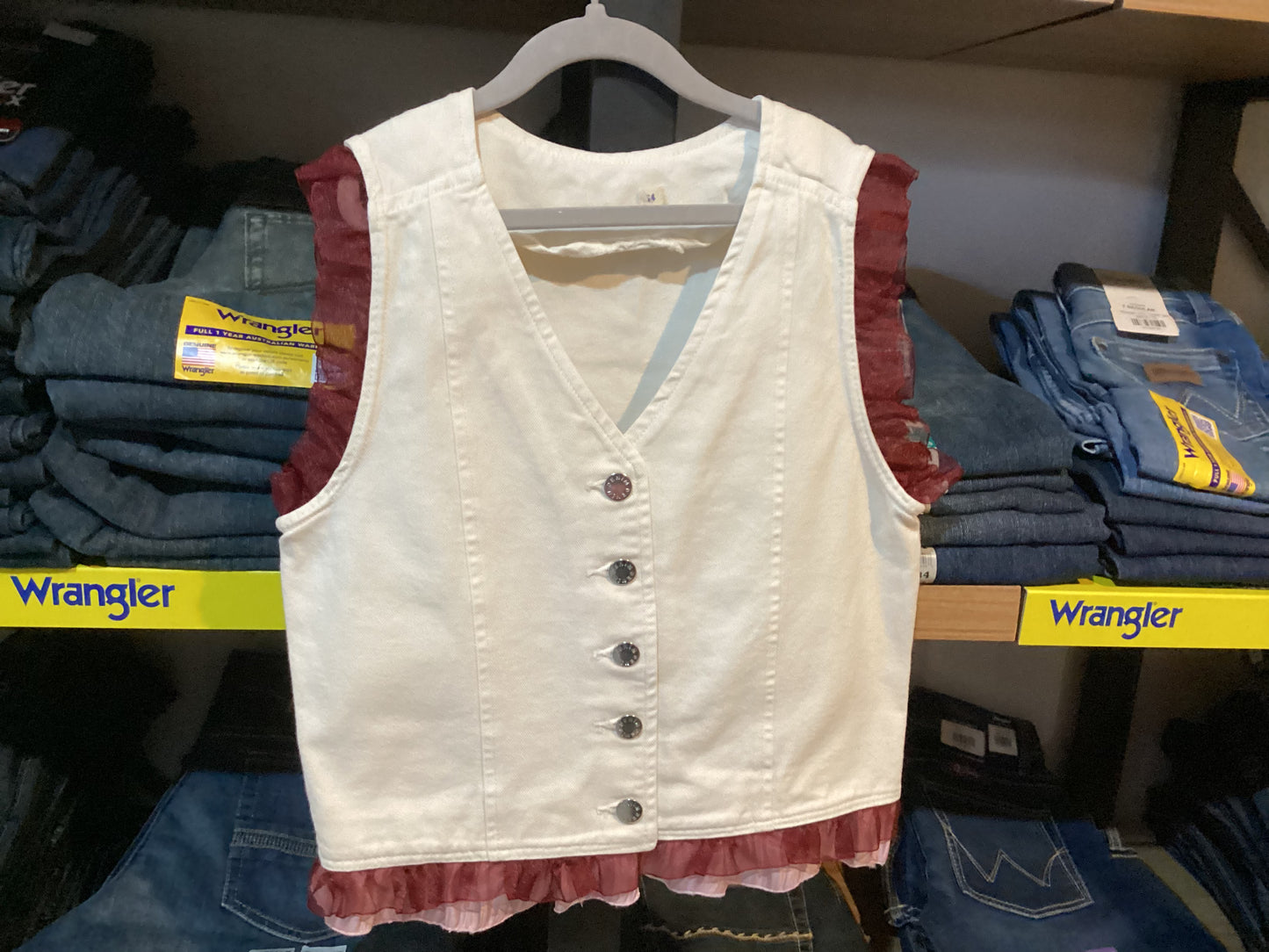 Red Lily Denim - White Denim Vest - Lace sleeves and gingham