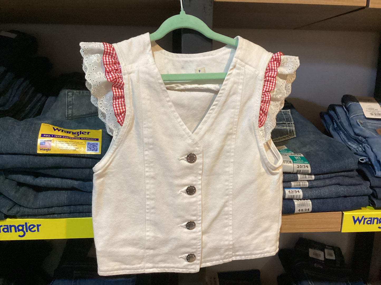 Red Lily Denim - White Denim Vest - Lace sleeves and gingham