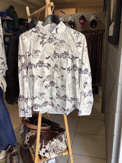 Western Race Show Horse Black / White Long Sleeve Blouse