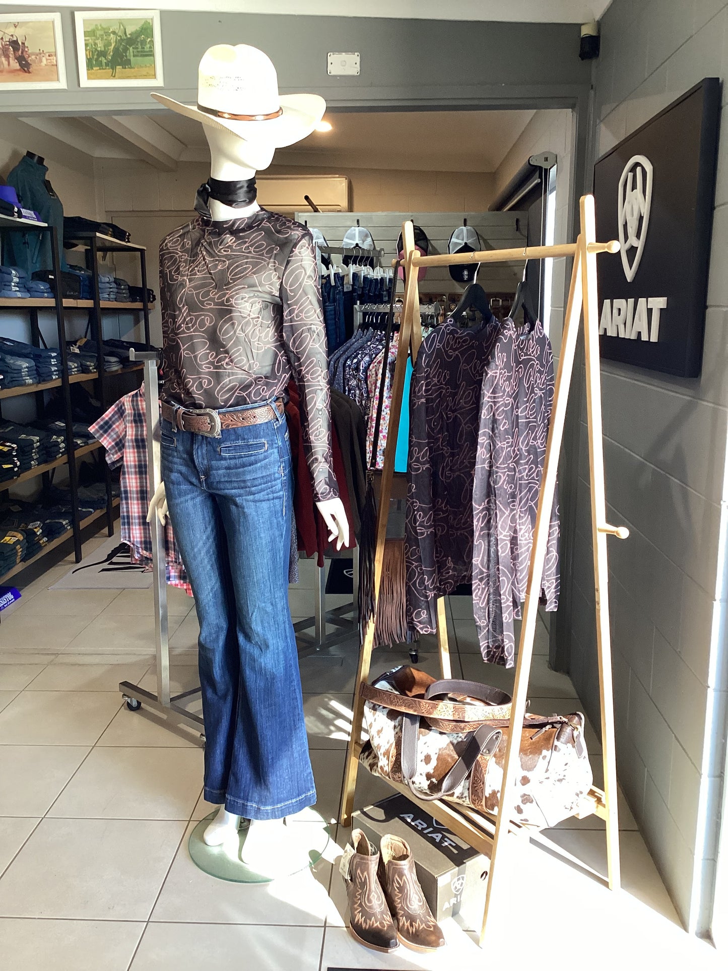 Western Rodeo Mesh Print Long Sleeve Top