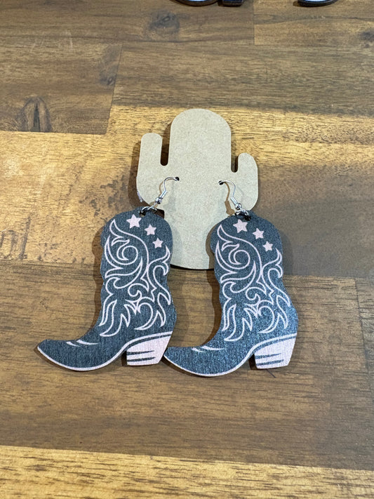 Wooden Western Cowgirl Boots Earrings Black/Tan