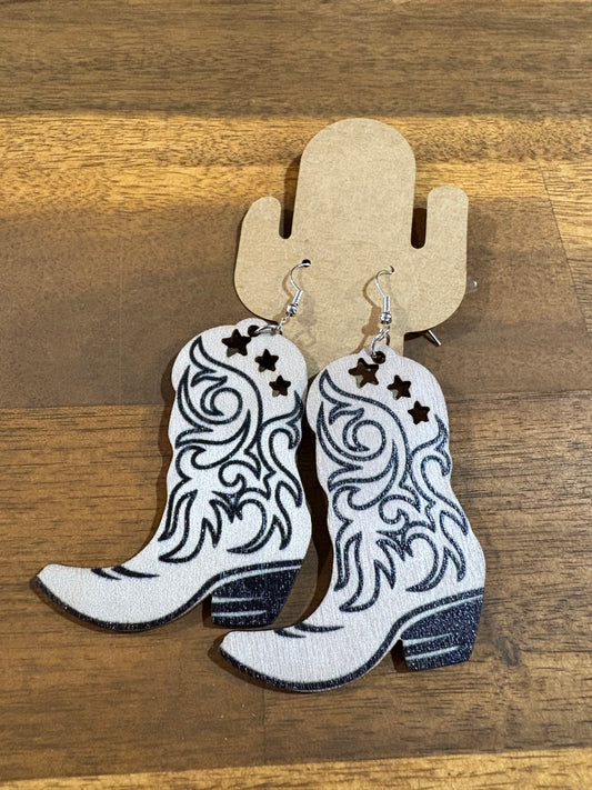 Wooden Western Cowgirl Boots Earrings White/Black
