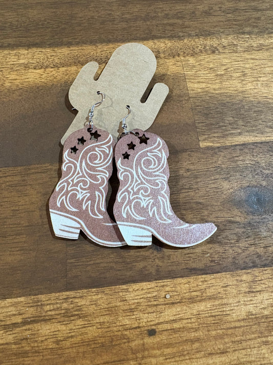 Wooden Western Cowgirl Boots Earrings Tan/White
