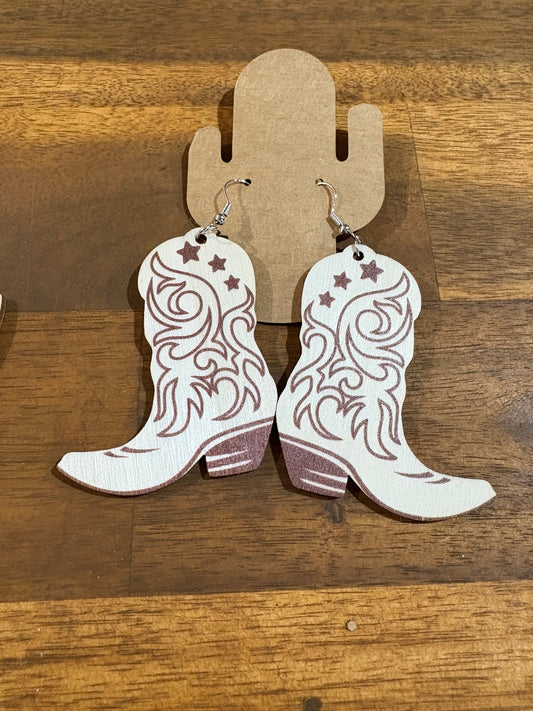 Wooden Western Cowgirl Boots Earrings white/brown