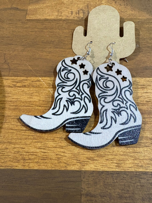 Wooden Western Cowgirl Boots Earrings Light Brown/tan