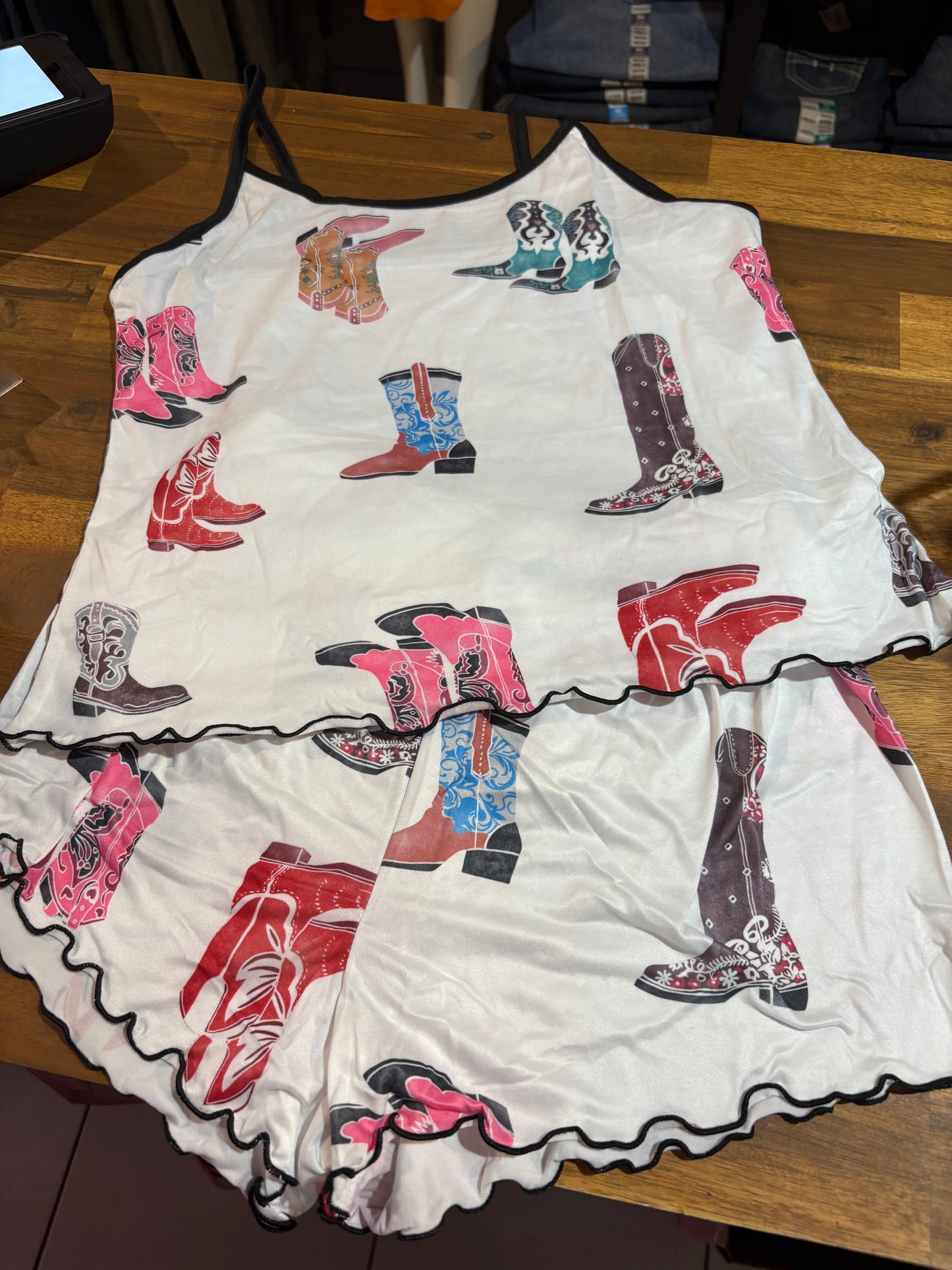 Western Ladies' Pj's Shorts and Singlet Boot Print with black trim