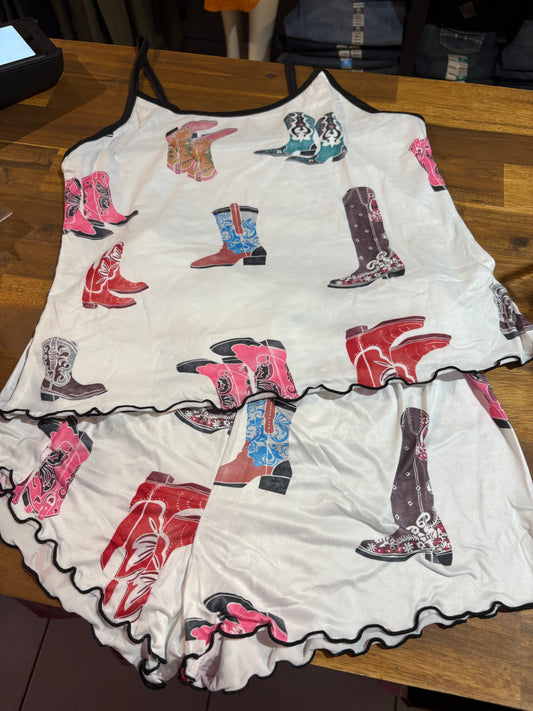 Western Ladies' Pj's Shorts and Singlet Boot Print with black trim