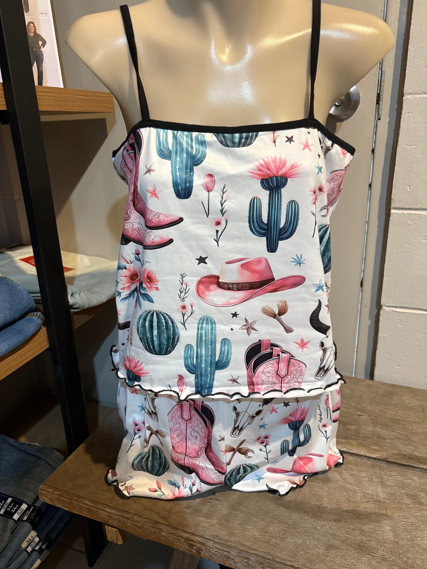 Western Ladies Pj's Short and Singlet Western print Green