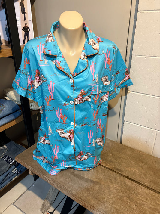 Western Ladies Pj's - Bucking Horses Aqua