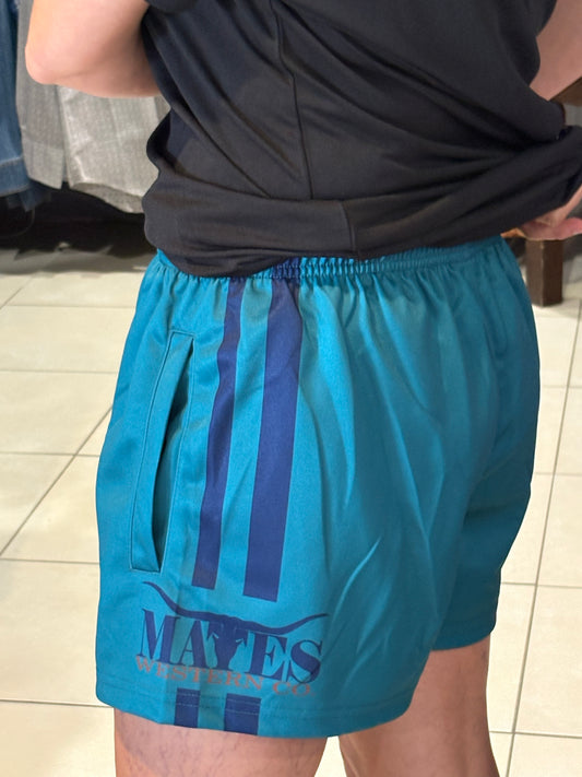 Mates Western Footy Shorts - Aqua / Navy Stripe