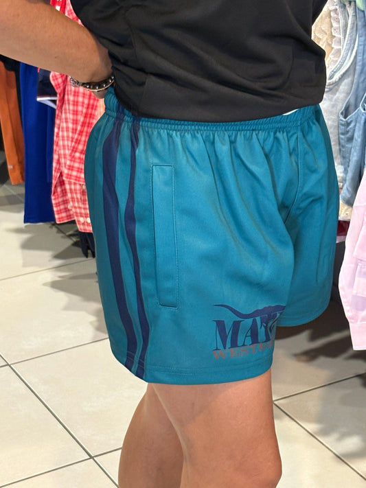 Mates Western Footy Shorts - Aqua / Navy Stripe
