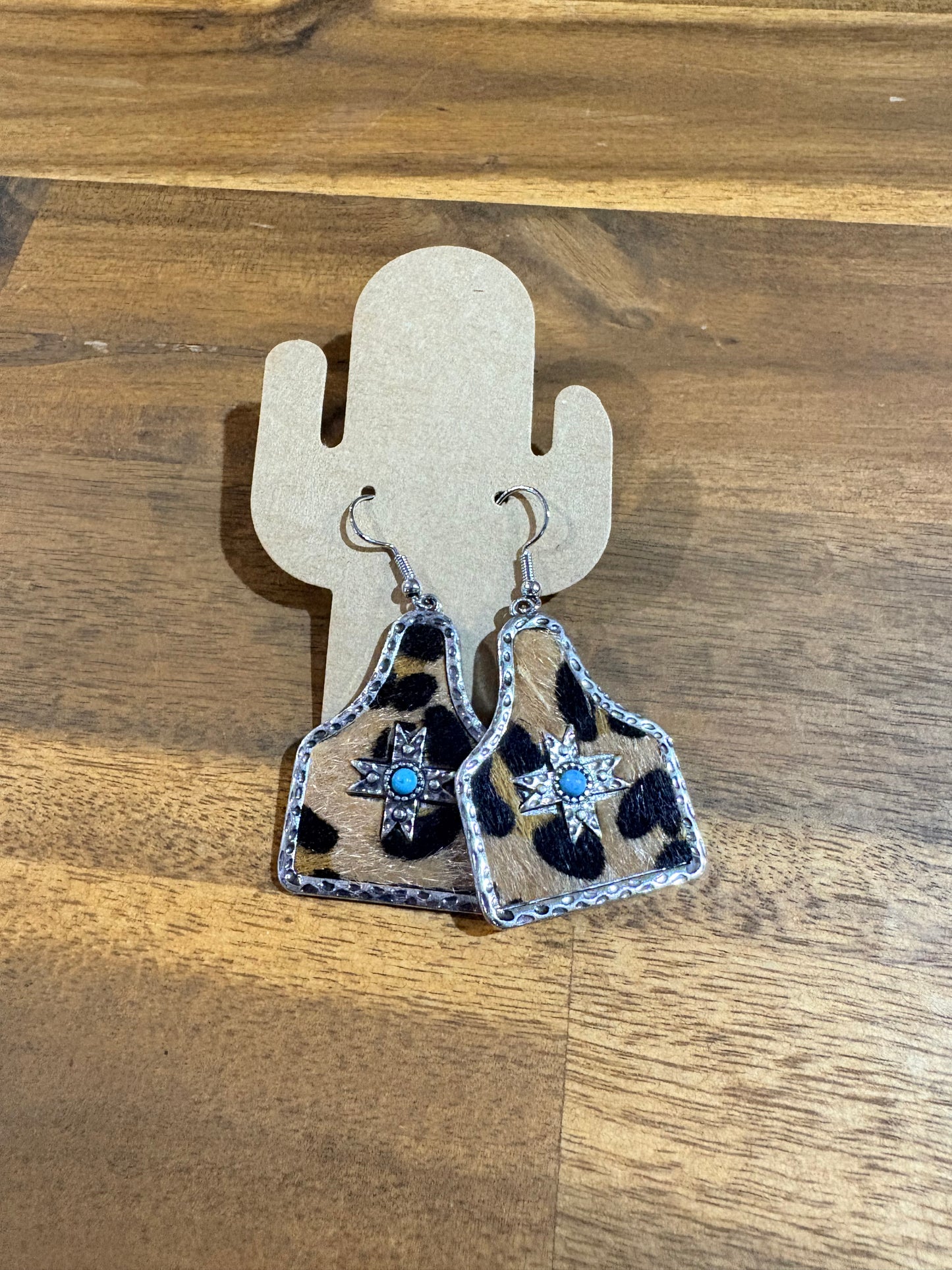 Western Ear Tags Earrings -  Brown and White