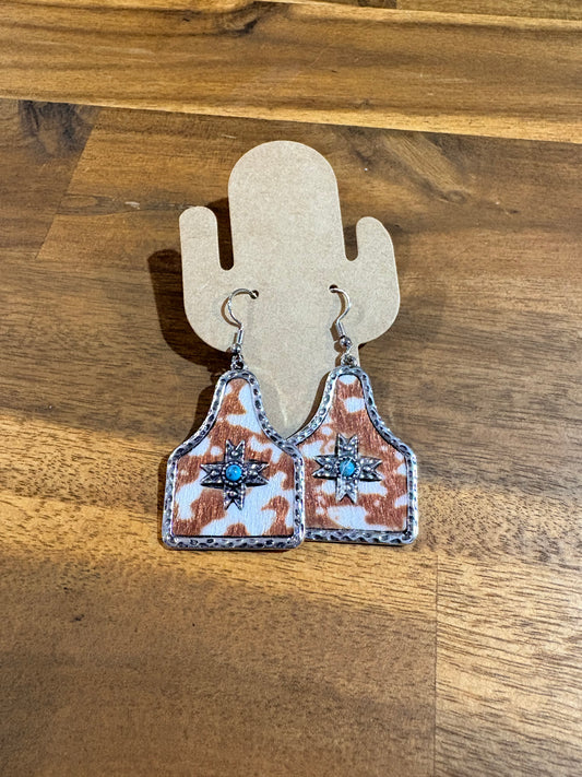 Western Ear Tags Earrings -  Carmel and White