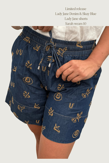 Outback Linen Lady Jane Denim Dark Embroidered Shorts