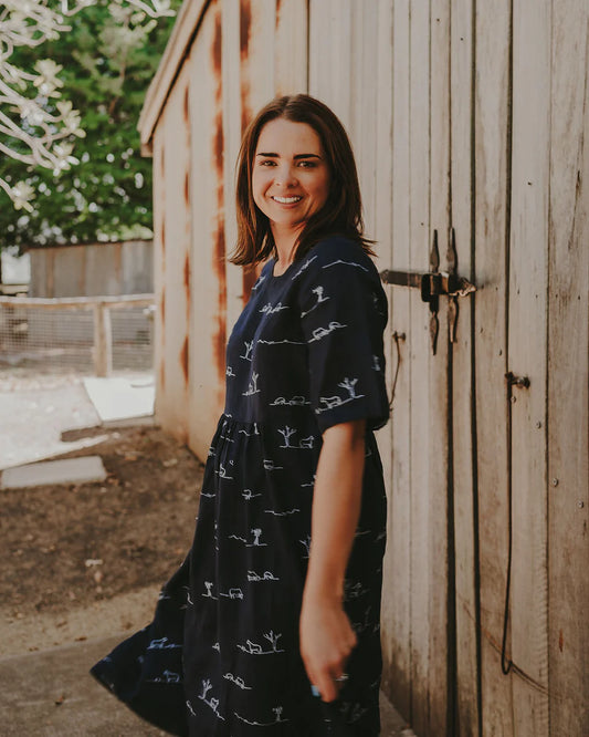Outback Linen - Rural Outback Eclipse Navy Embroidered Organic Linen Short Sleeve Dress