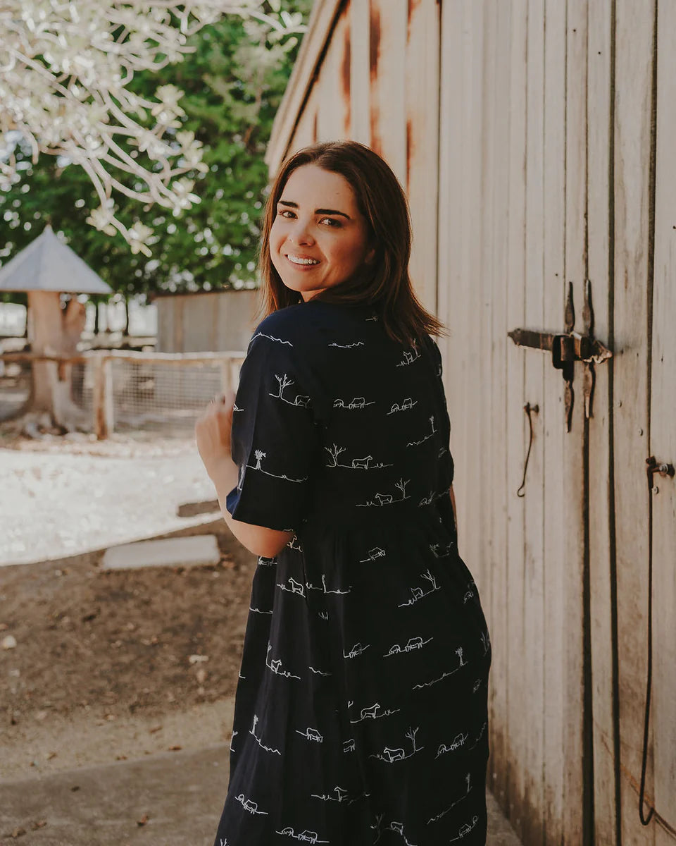 Outback Linen - Rural Outback Eclipse Navy Embroidered Organic Linen Short Sleeve Dress