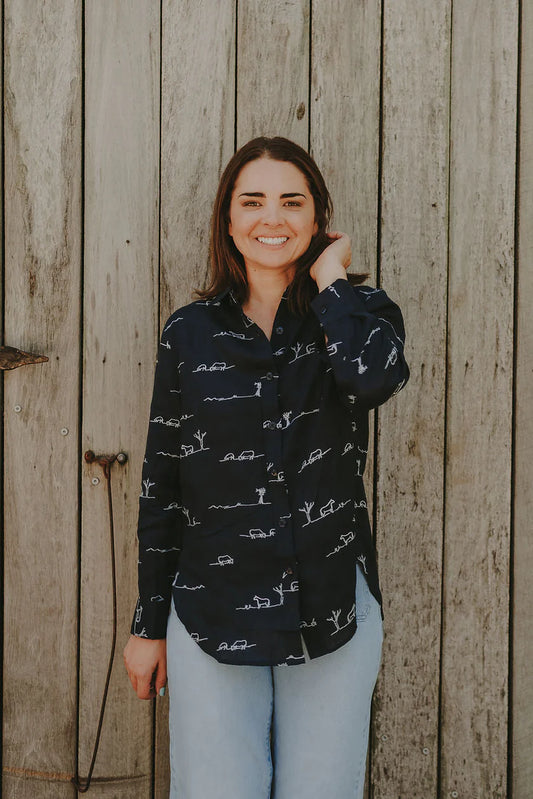 Outback Linen Rural Outback Eclipse Navy Embroidered Organic Long Sleeve Linen Shirt