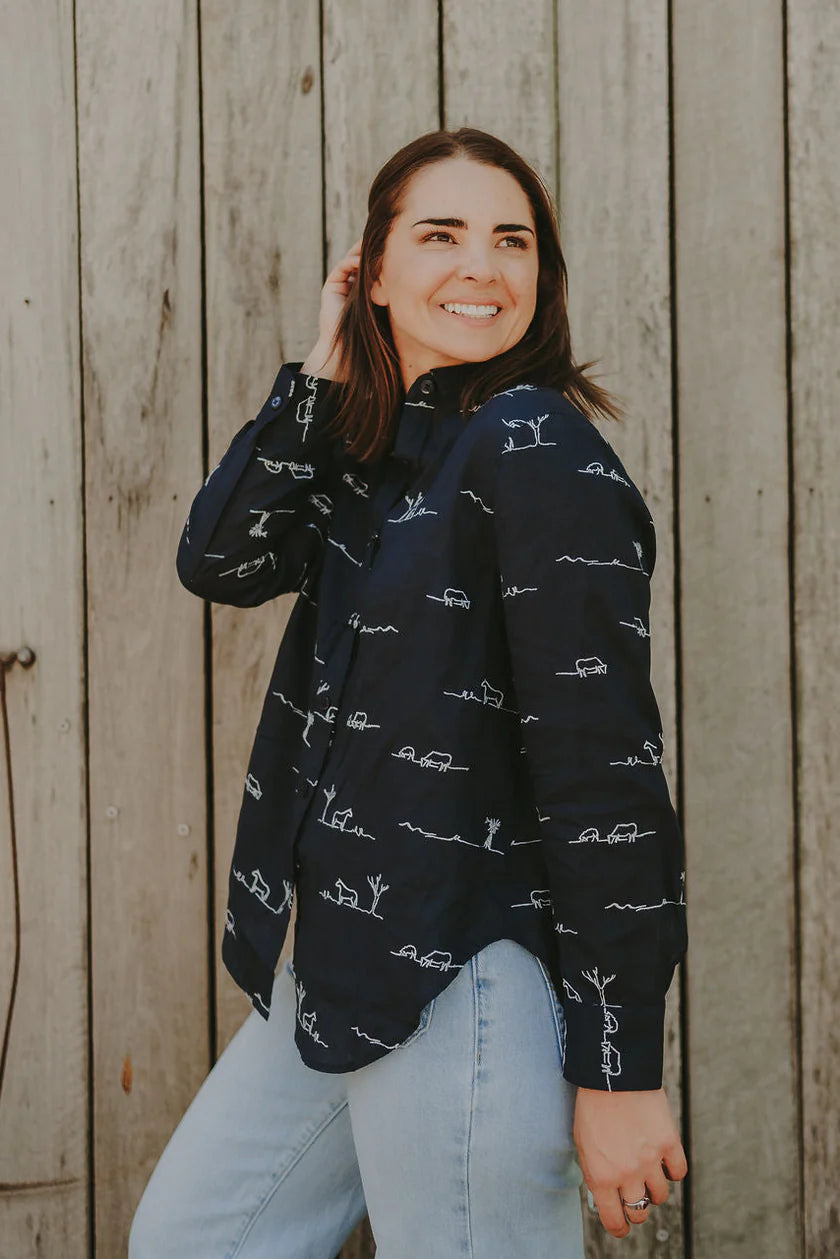 Outback Linen Rural Outback Eclipse Navy Embroidered Organic Long Sleeve Linen Shirt