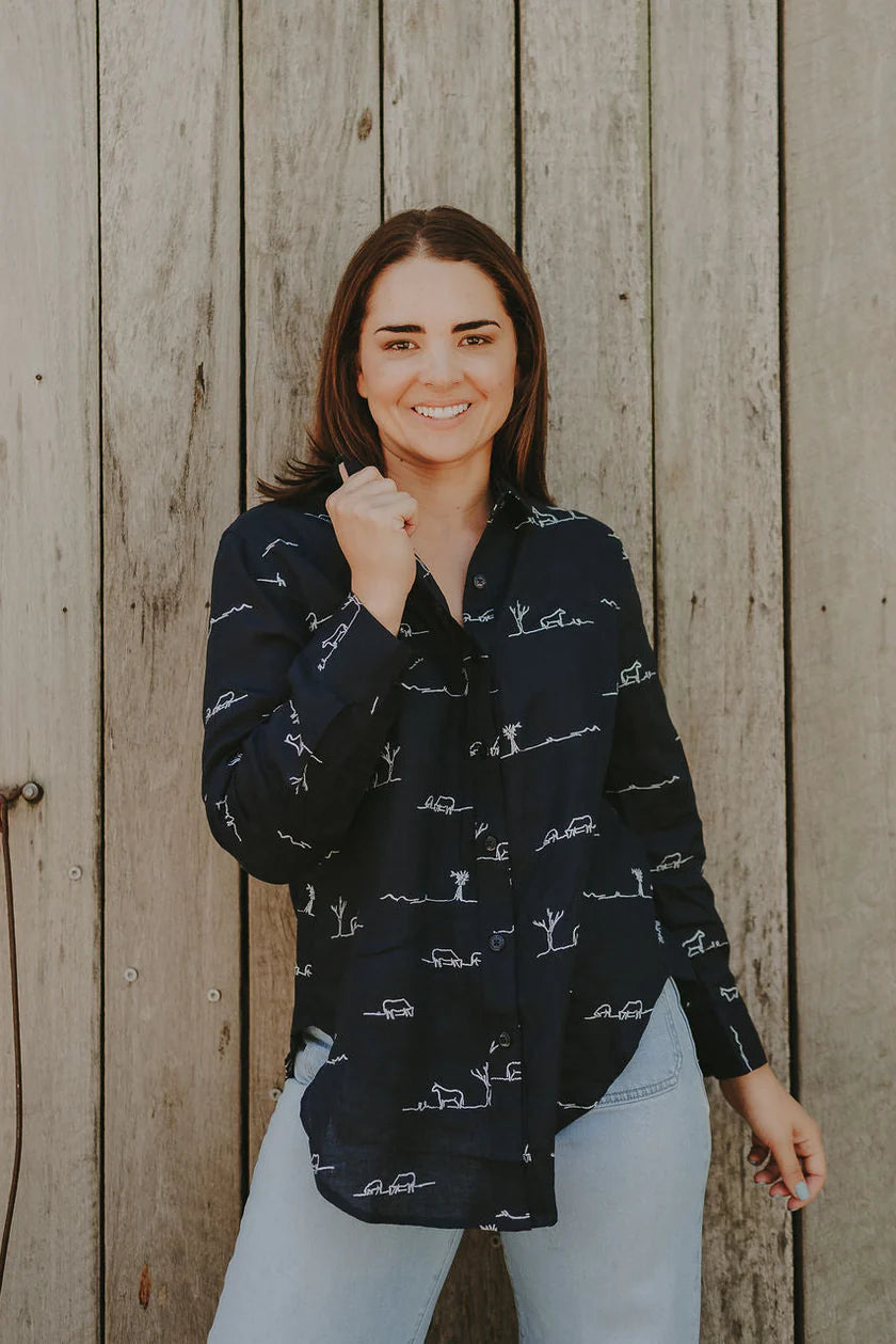 Outback Linen Rural Outback Eclipse Navy Embroidered Organic Long Sleeve Linen Shirt