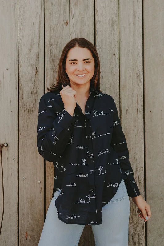 Outback Linen Rural Outback Eclipse Navy Embroidered Organic Long Sleeve Linen Shirt