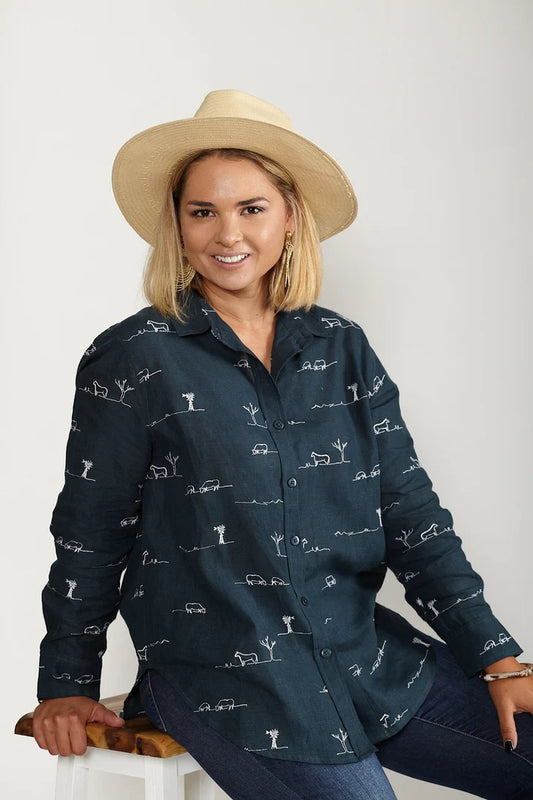 Rural Outback Midnight Embroidered Linen Shirt
