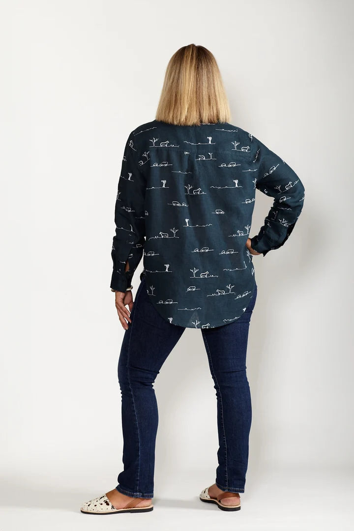 Rural Outback Midnight Embroidered Linen Shirt