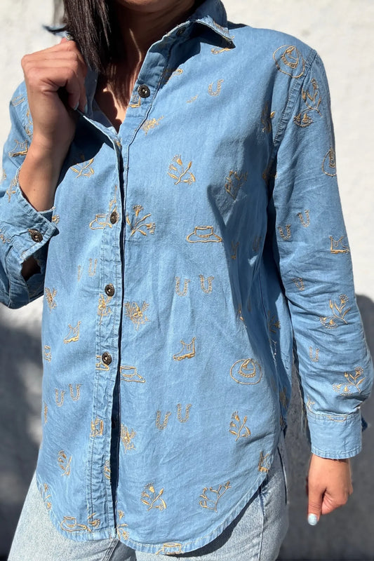 Sky Blue Denim Lady Jane Embroidered Long Sleeve Shirt