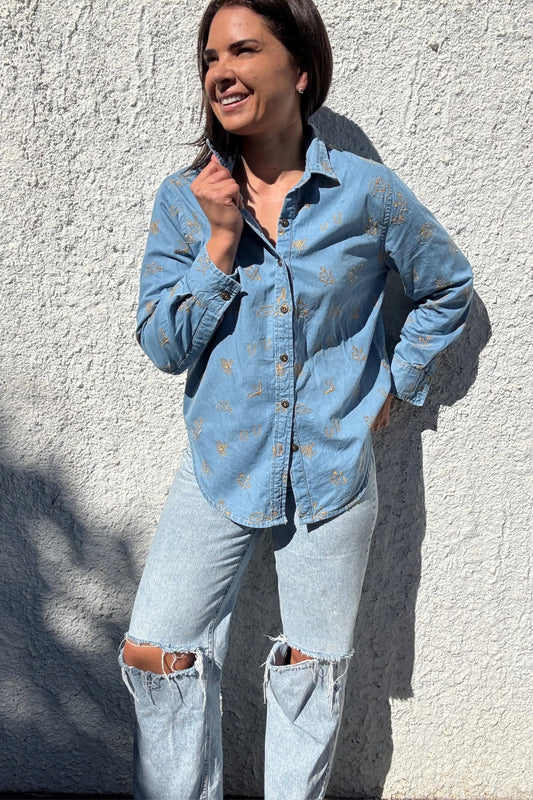 Sky Blue Denim Lady Jane Embroidered Long Sleeve Shirt