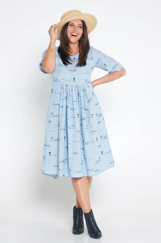 Outback Linen Rural Outback Sky Blue Organic Linen Short Sleeve Dress