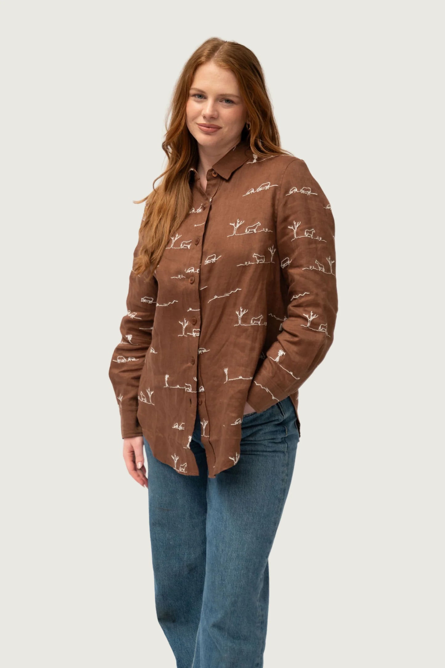 Outback Linen Rural Outback Smoked Cocoa Embroidered Linen Long Sleeve Shirt
