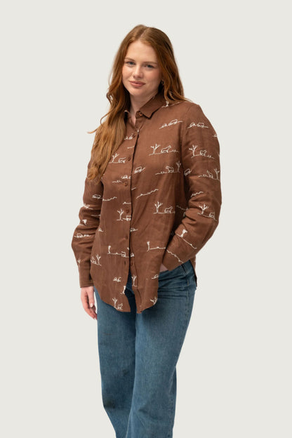 Outback Linen Rural Outback Smoked Cocoa Embroidered Linen Long Sleeve Shirt