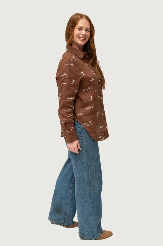 Outback Linen Rural Outback Smoked Cocoa Embroidered Linen Long Sleeve Shirt