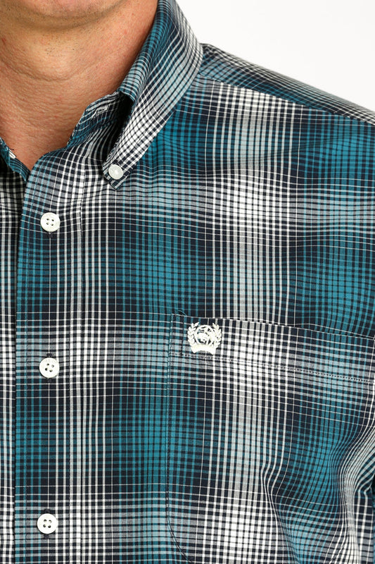 CINCH SHORT PLAID SLEEVE SHIRT BUTTON DOWN TEAL
