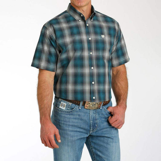 CINCH SHORT PLAID SLEEVE SHIRT BUTTON DOWN TEAL