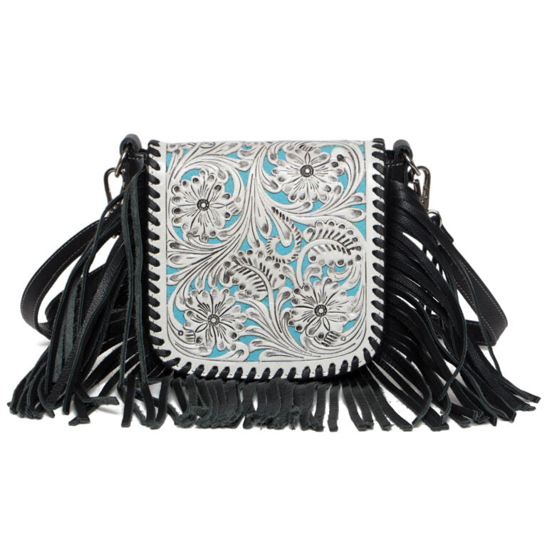 Tooling Leather Hand Carved Flap Sling Bag with Turquoise Base – TLB14 TURQ