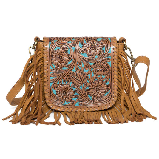 Tooling Leather Hand Carved Flap Sling Bag with Turquoise Base – TLB14 TURQ