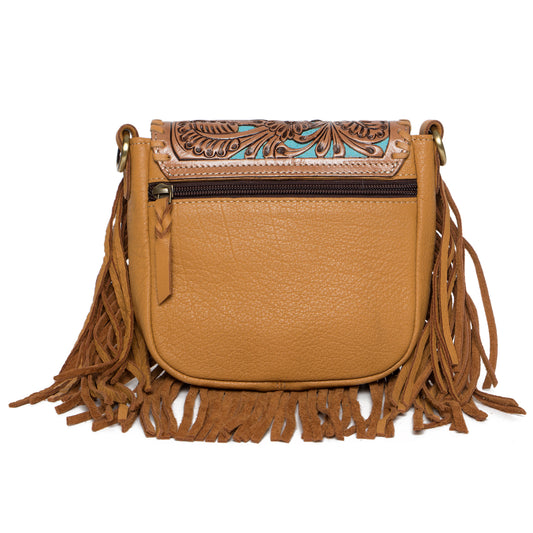Tooling Leather Hand Carved Flap Sling Bag with Turquoise Base – TLB14 TURQ