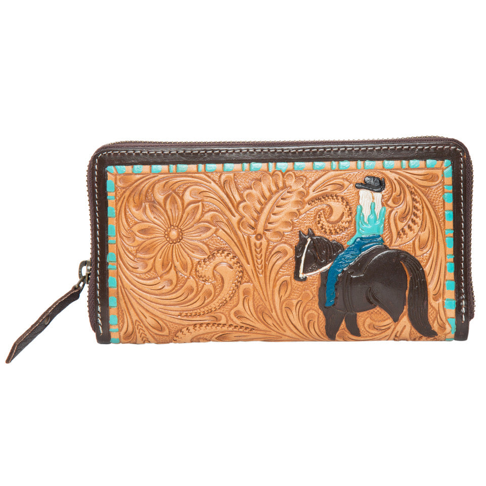 Tooling Leather Horse Wallet with Turq Paint Highlight- AW28 – Tortle