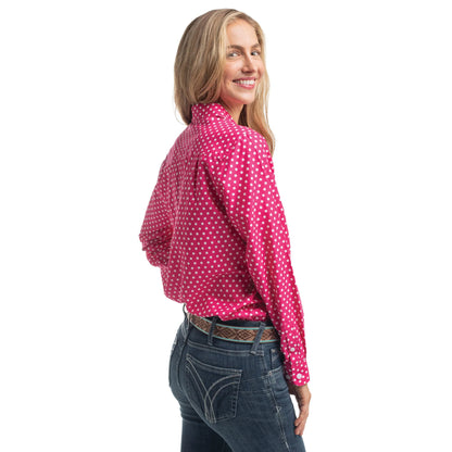 JUST COUNTRY WOMENS ABBEY FULL BUTTON PRINT WORKSHIRT - RASPBERRY &  WHITE POLKA DOTS