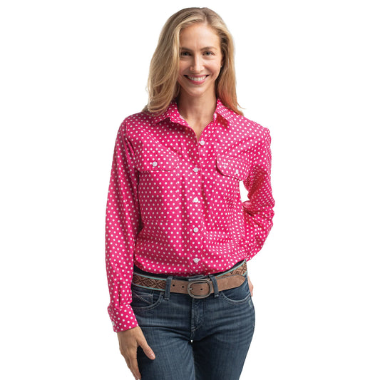 JUST COUNTRY WOMENS ABBEY FULL BUTTON PRINT WORKSHIRT - RASPBERRY &  WHITE POLKA DOTS