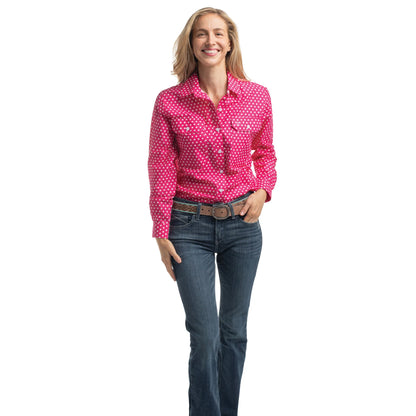 JUST COUNTRY WOMENS ABBEY FULL BUTTON PRINT WORKSHIRT - RASPBERRY &  WHITE POLKA DOTS