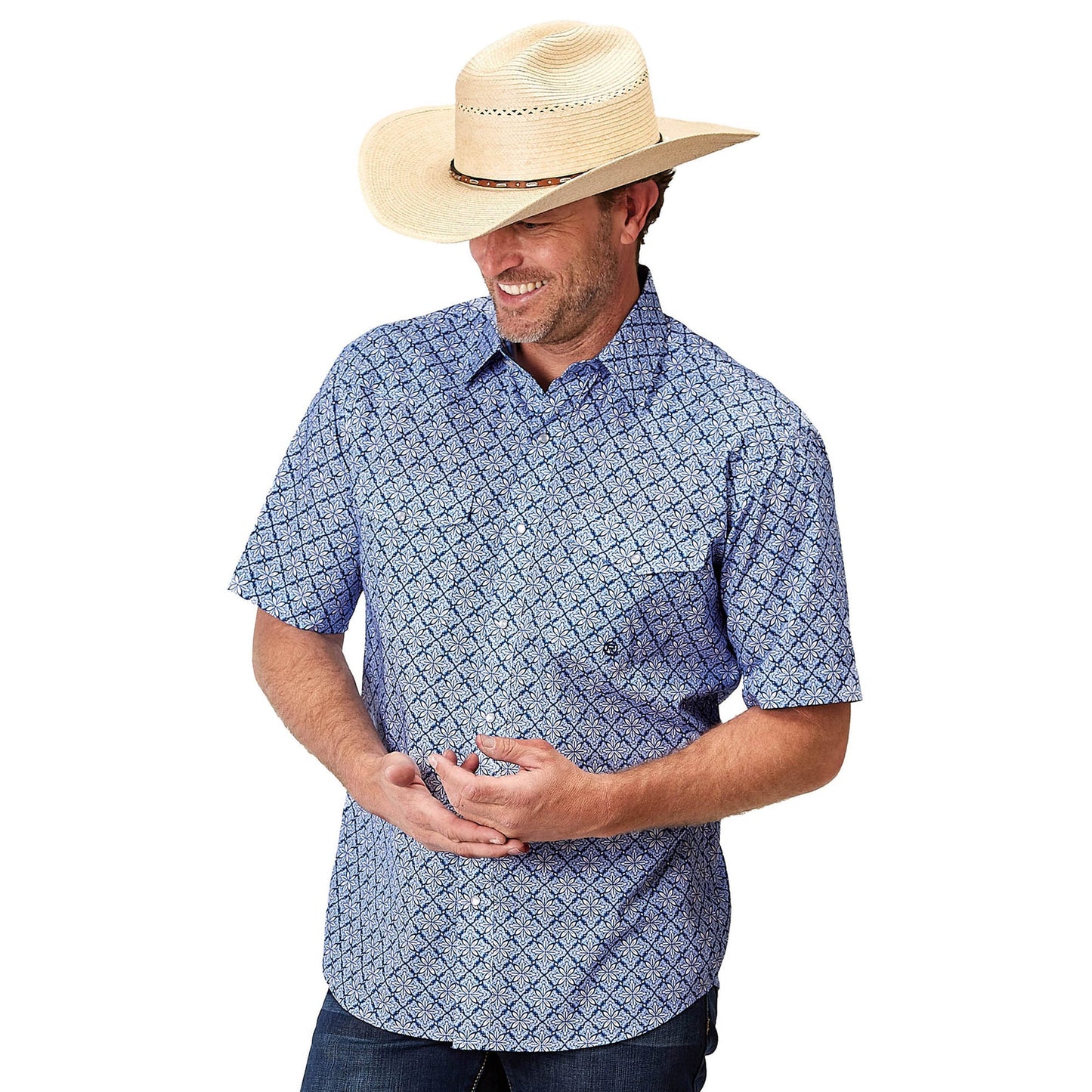 Roper Mens Amarillo Collection SS Shirt Print Blue