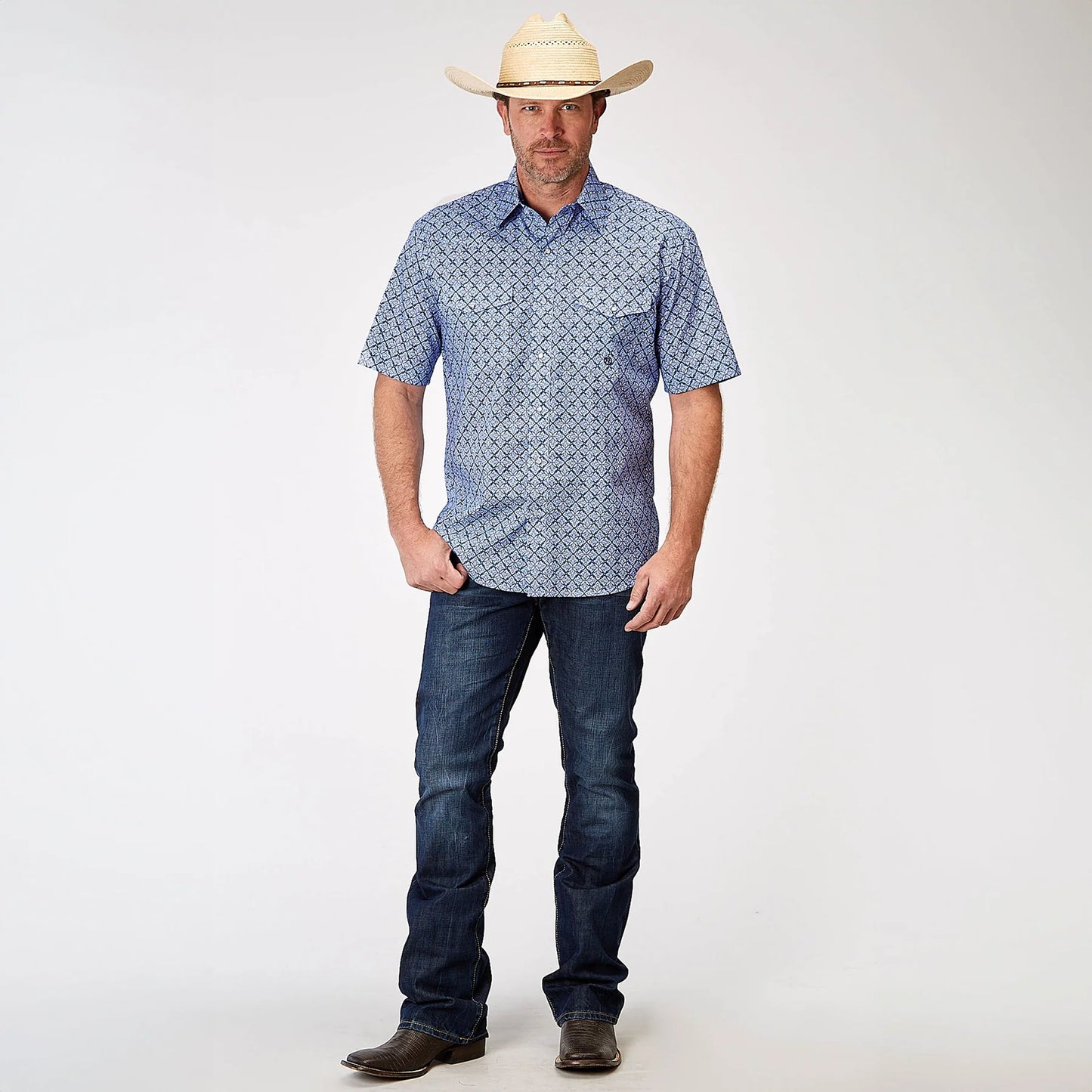 Roper Mens Amarillo Collection SS Shirt Print Blue