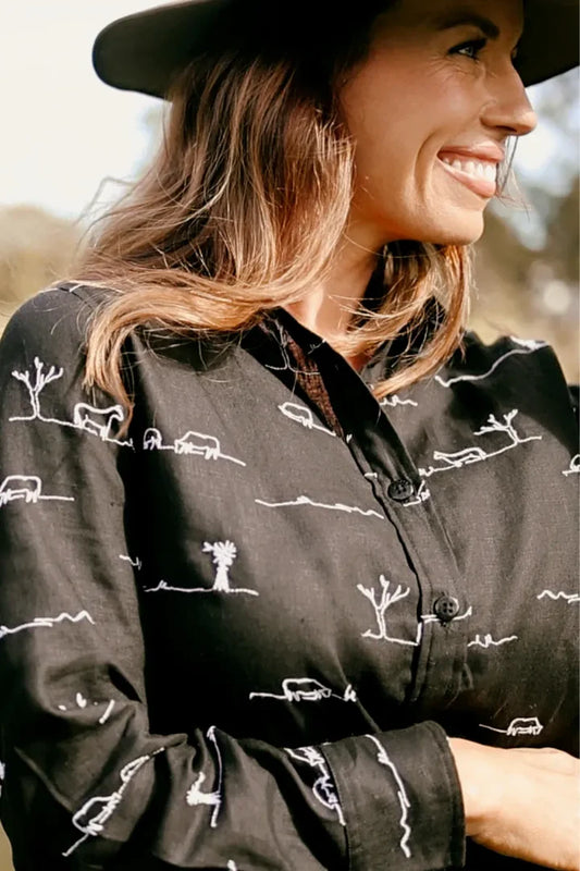 Rural Outback Black Embroidered Linen Shirt