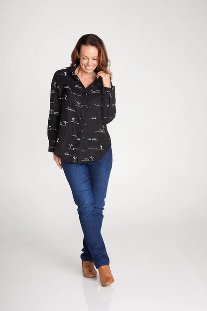 Rural Outback Black Embroidered Linen Shirt