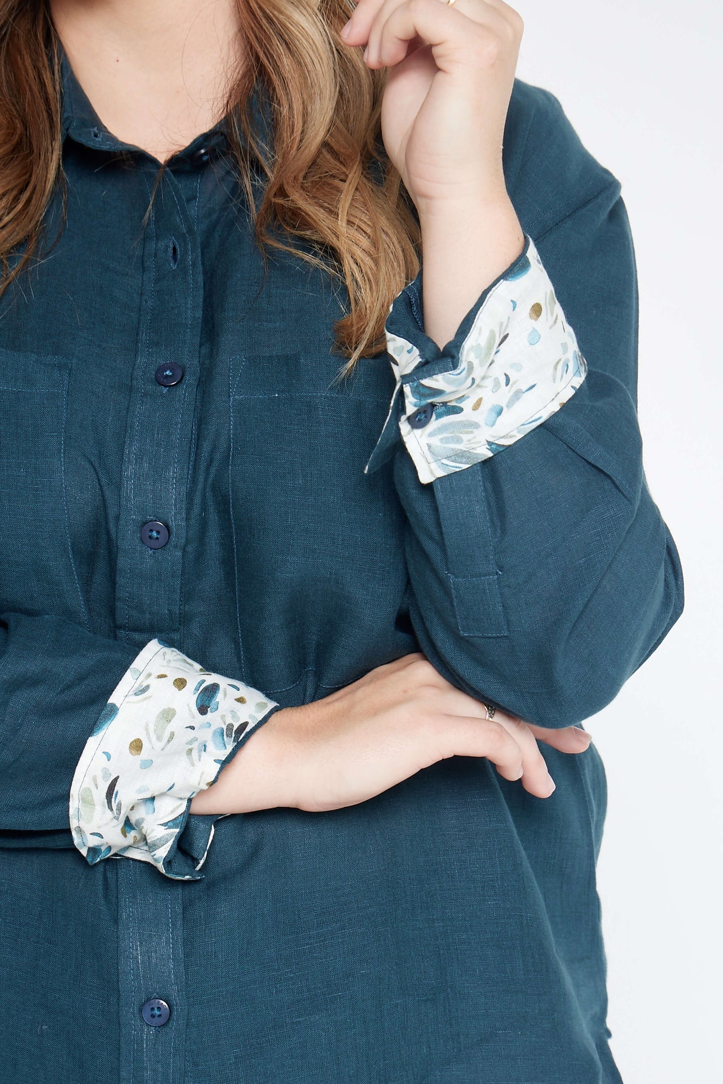 Midnight Bloom Organic Linen Shirt With Printed Cuffs