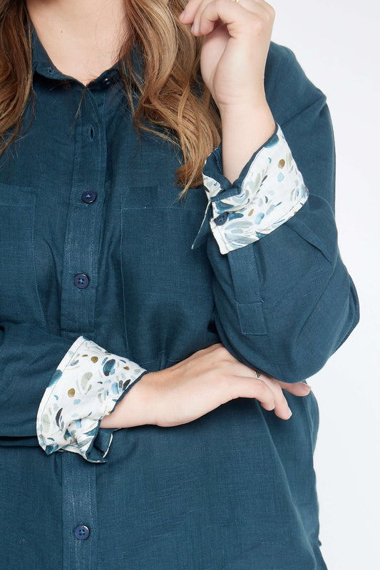 Midnight Bloom Organic Linen Shirt With Printed Cuffs