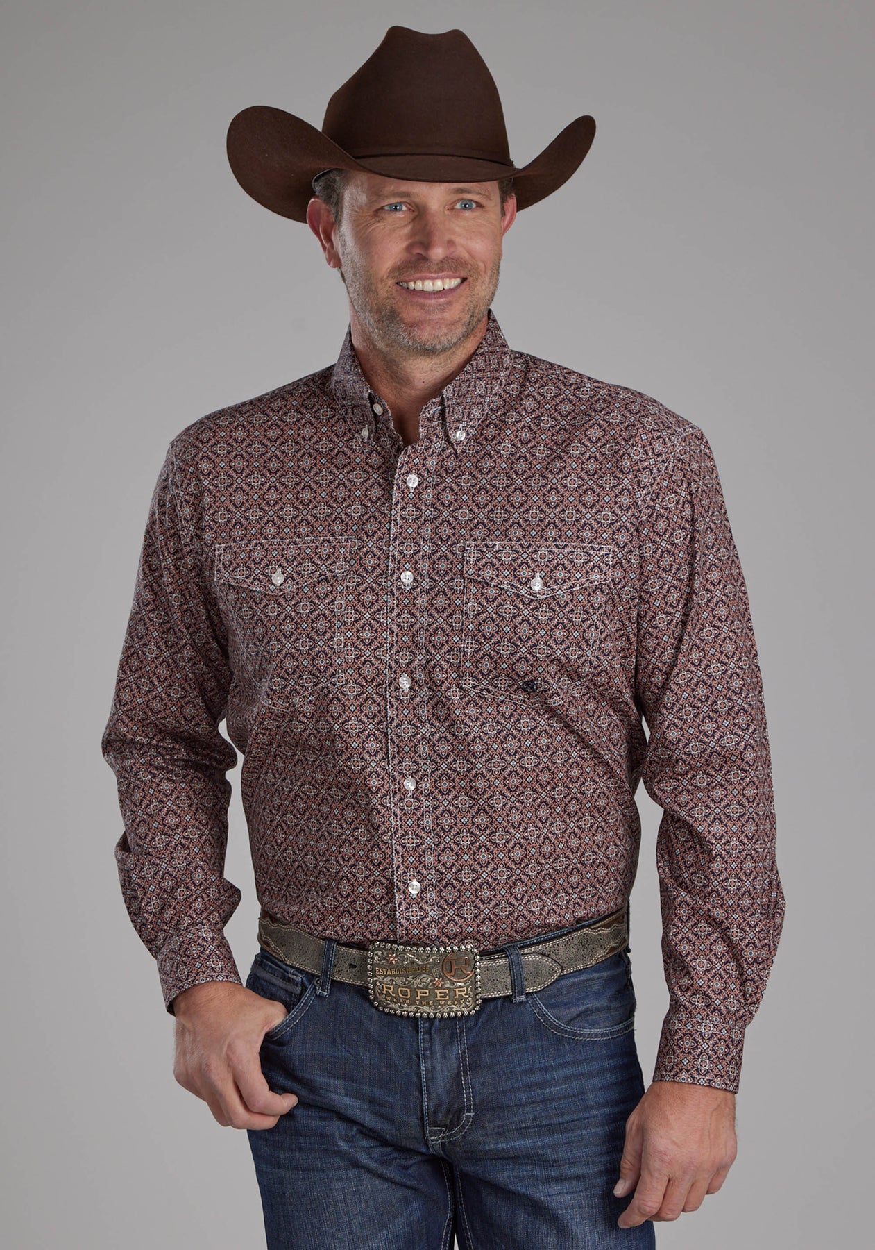 Roper Mens Amarillo Collection LS Shirt Print Brown
